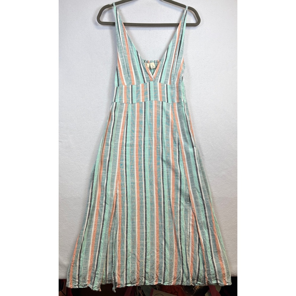 Roxy Womens Striped Maxi Dress Mint Green Coral V-Neck Smocked Back Size Large - Picture 2 of 14